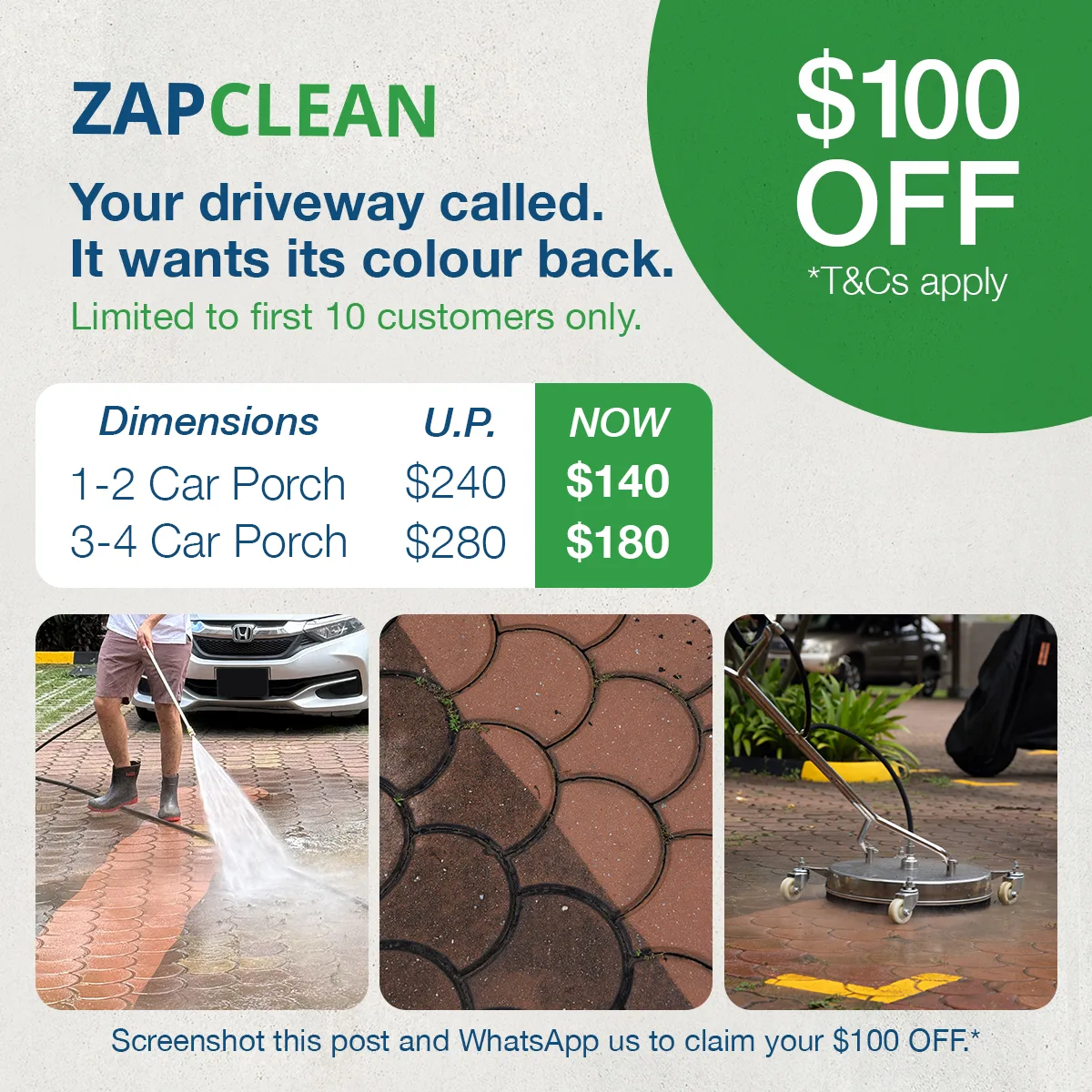 ZAPCLEAN $100 off driveway cleaning campaign post