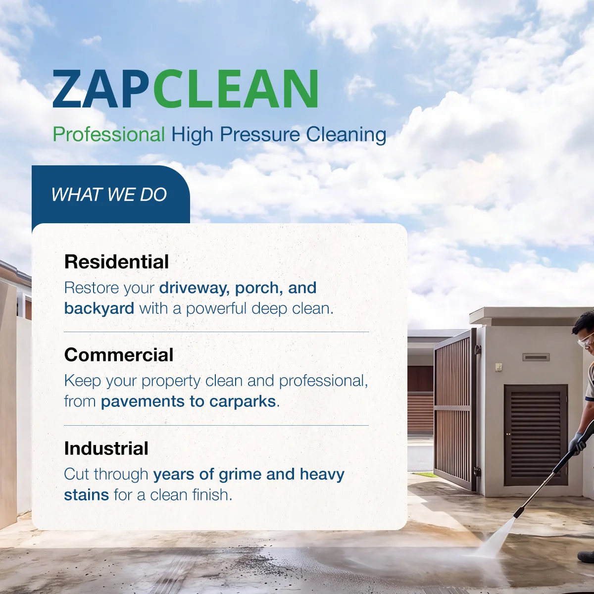 ZAPCLEAN service breakdown — residential, commercial, industrial